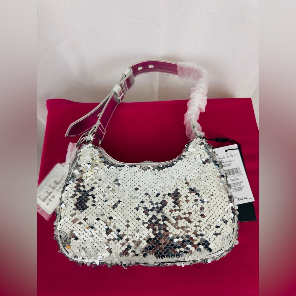 Nicole Miller - Silver Sequin Shoulder Bag Adjustable Silver Thick Strap MSRP$60